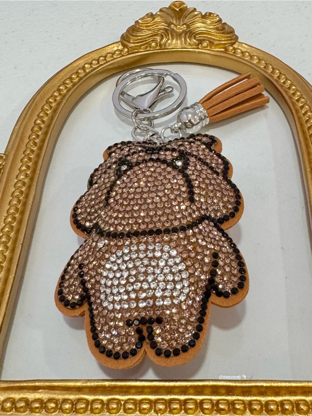 New Crystal Brown Bulldog Keychain with Tan Tassel